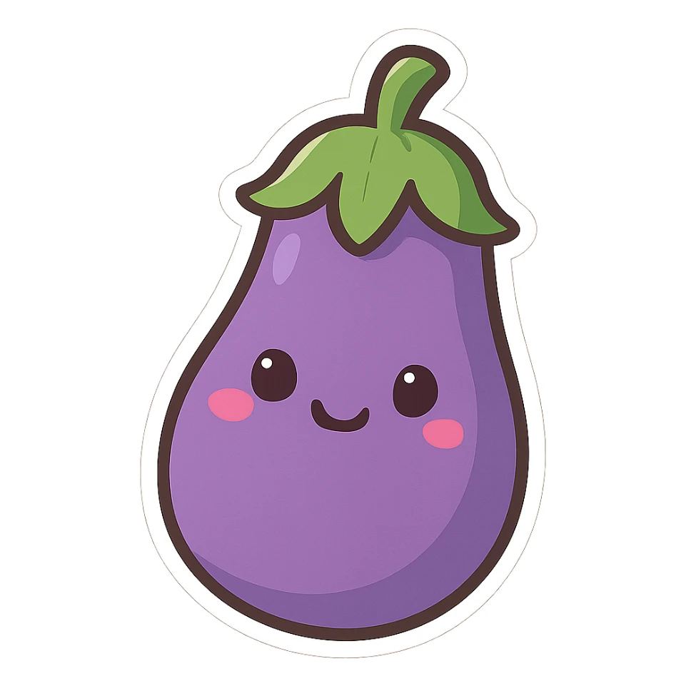 chibi sticker-style eggplant with a smiling face, cute and exaggerated sticker