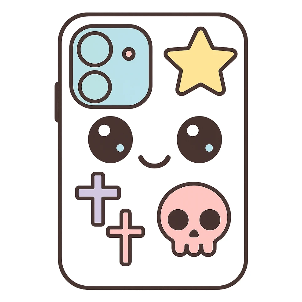 Remove any purse or purse-matching elements. Focus only on a white and black gothic kawaii phone case with big eyes, smiling, playful, cartoonish style, and gothic symbols. No purse references. No background. sticker