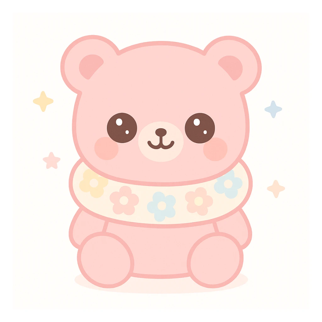 pink teddy bear with a colorful flower-patterned neck pillow, cheerful expression, minimal background sticker