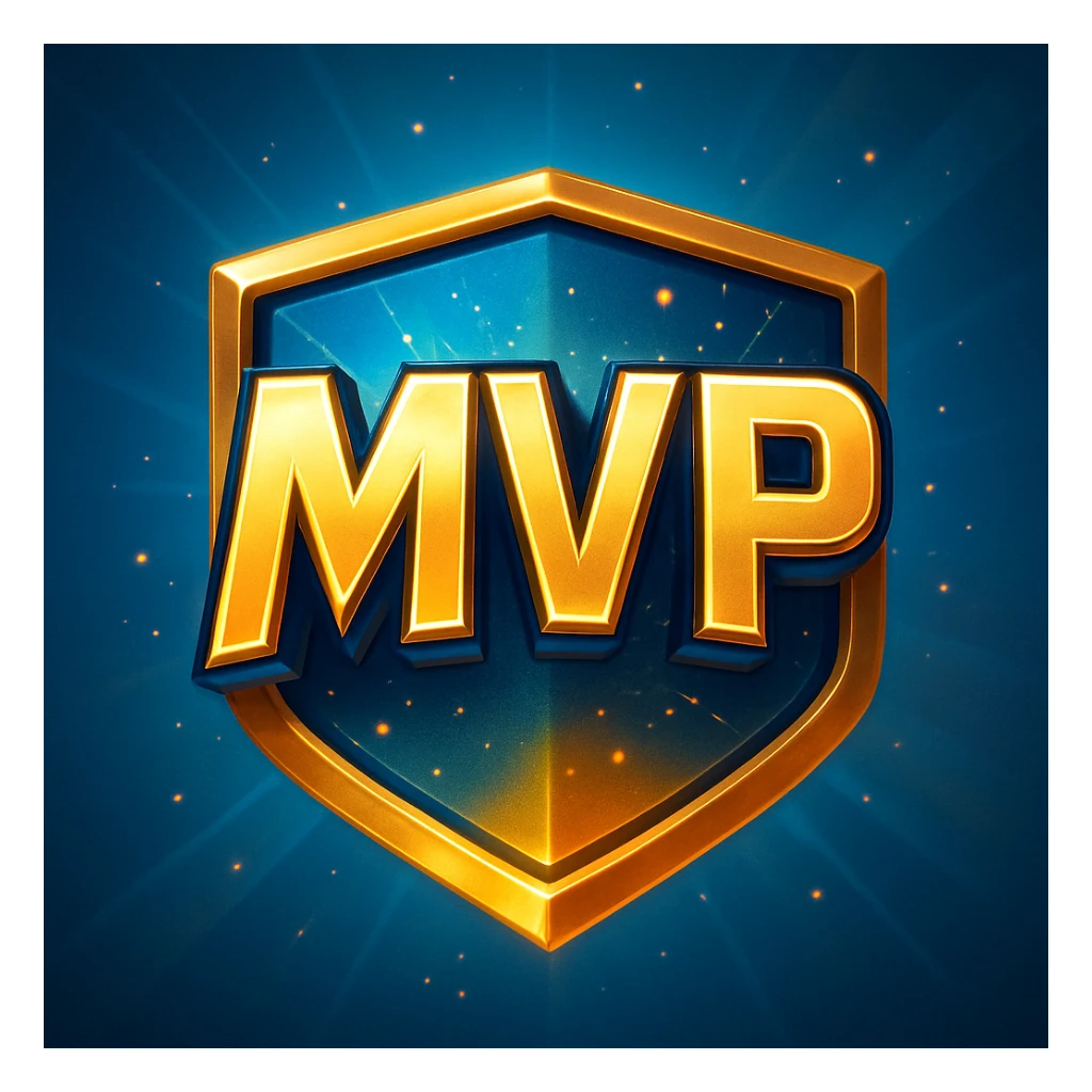 A gleaming, stylized badge with bold, slightly futuristic lettering 'MVP' set against a dynamic, gradient background of electric blue and gold. Small, energetic particle effects emanate from the text. sticker