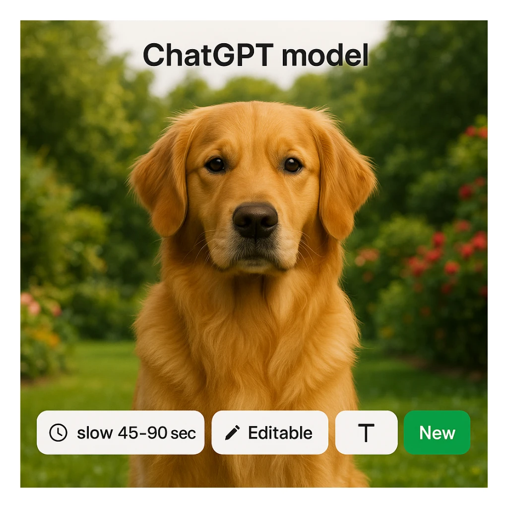 Move the 'ChatGPT model' title to the top and the other tags ('Speed icon: slow 45-90 secs', 'Editable', 'Text generation', 'New') to the bottom. Use a golden retriever in a garden as the background, seamless website style. sticker