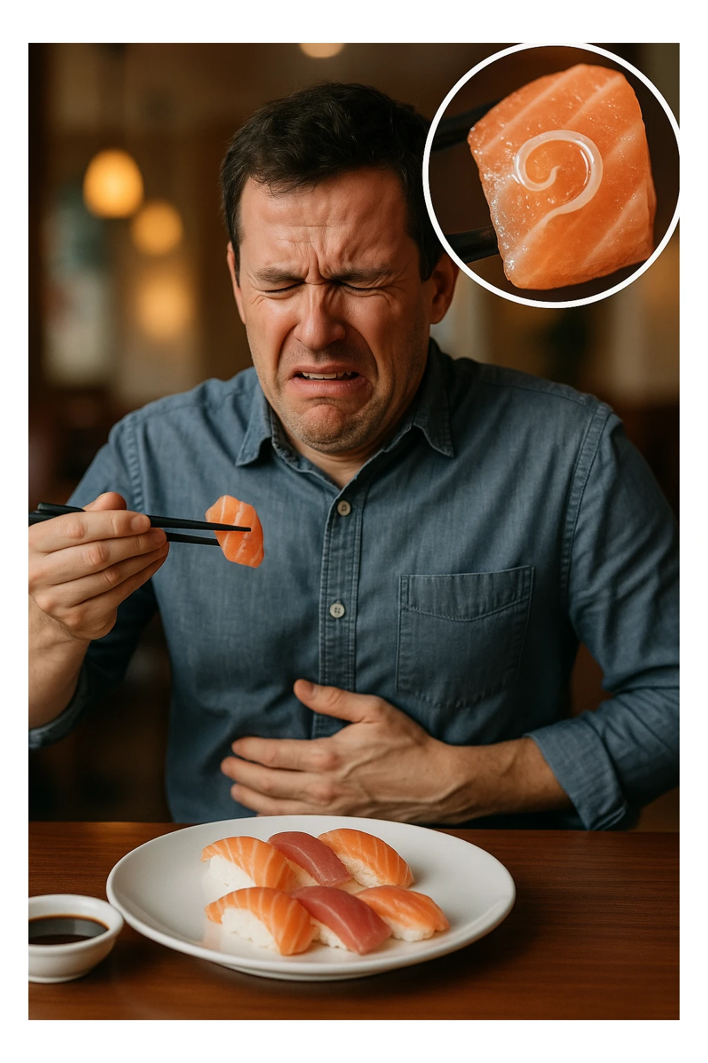 a man sits at a restaurant table, eating a plate of raw fish (such as sushi or sashimi). In a magnified inset, an Anisakis larva is visible inside a piece of fish. The man’s expression changes from enjoyment to sudden discomfort, holding his stomach with a pained look. The background is softly blurred, focusing on the man and the food. in italiano sticker