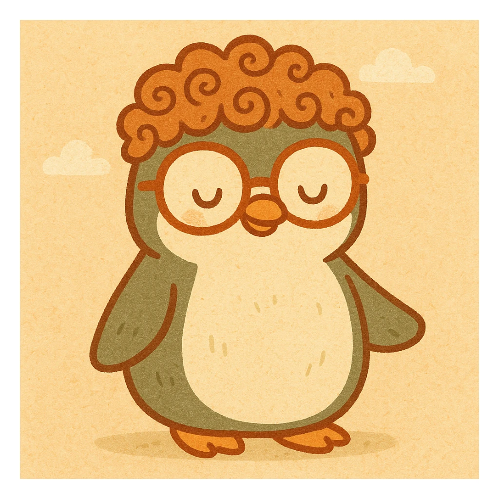 cartoon style penguin with curls, big glasses, and a friendly expression sticker