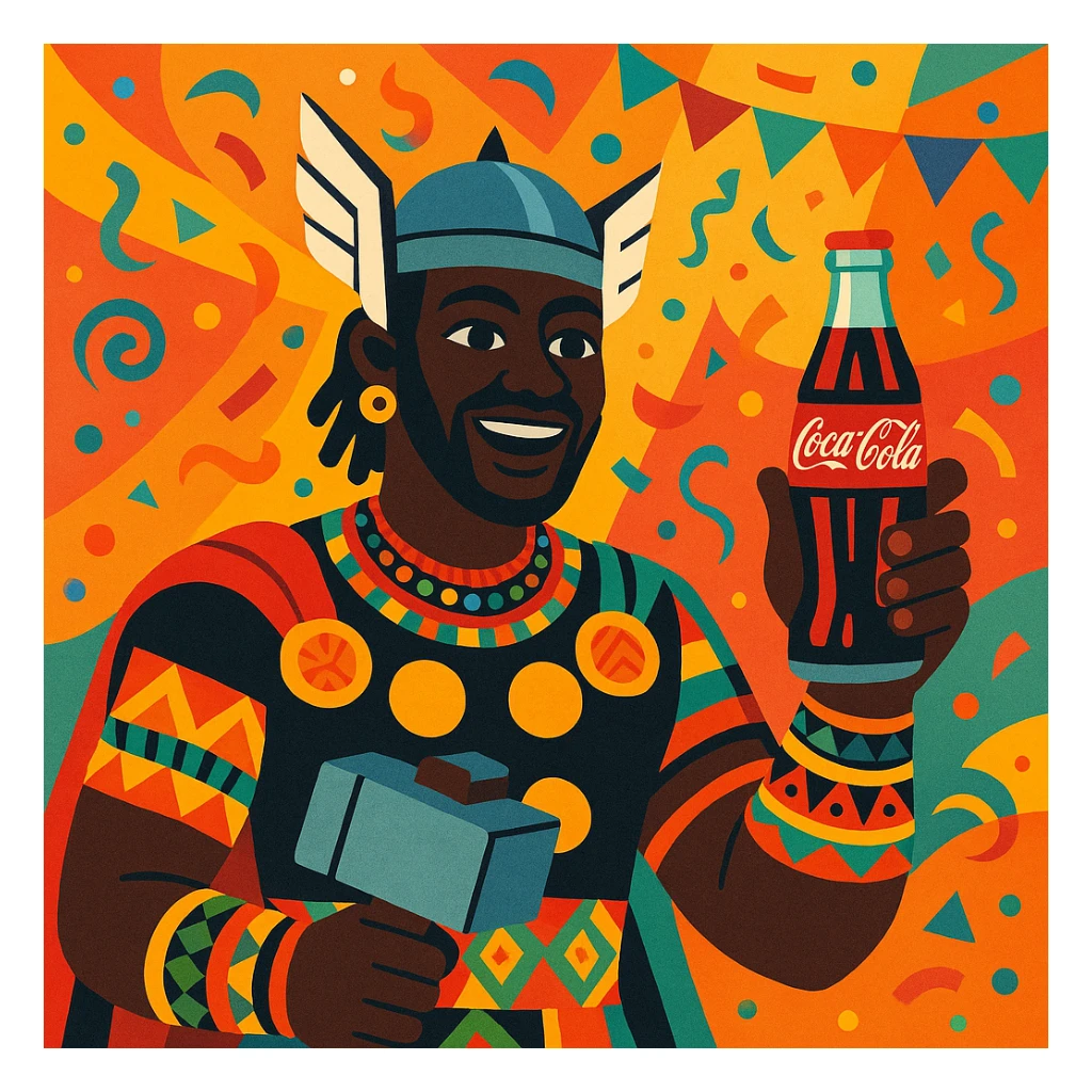 Thor, black face, traditional African clothing, holding a Coca Cola bottle, colorful background, vibrant, festive atmosphere sticker