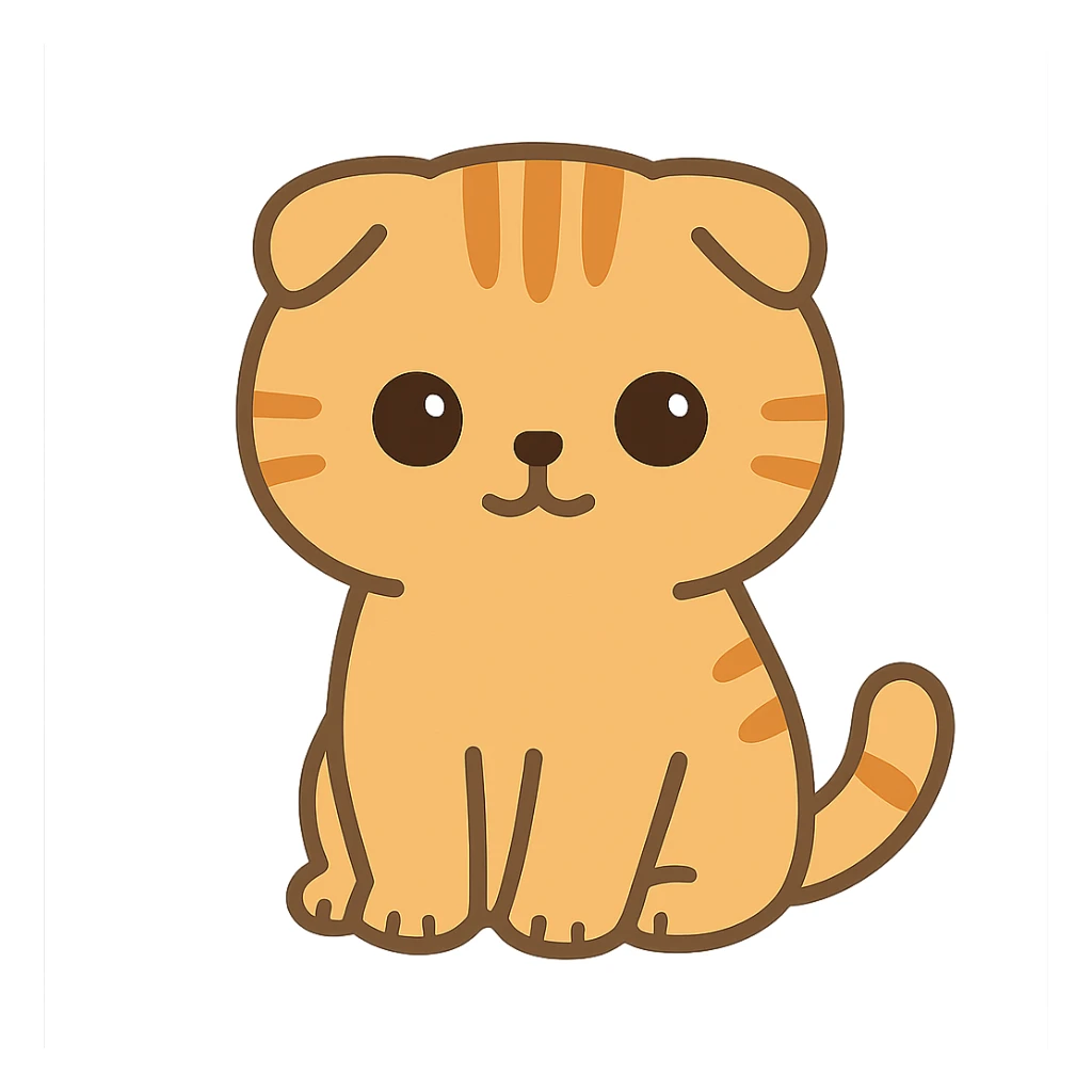 flat toon style kawaiiorange scottish fold kitten sitting, dark round eyes, cute sticker
