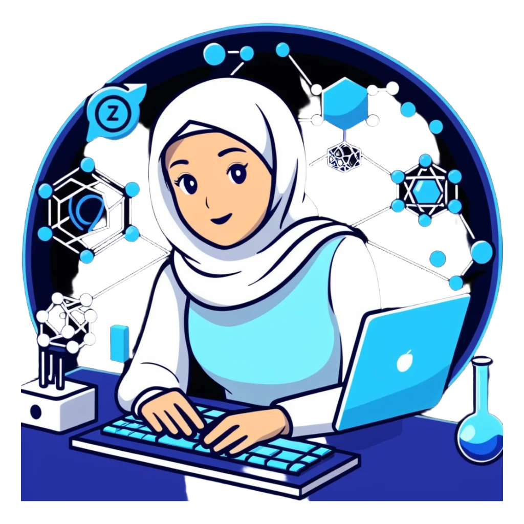 computer engineer with white hijab in blue clothes, surrounded by next-gen holographic displays showing 3D molecular structures, advanced algorithm visualizations, futuristic UI, quantum computing elements, digital brain patterns sticker