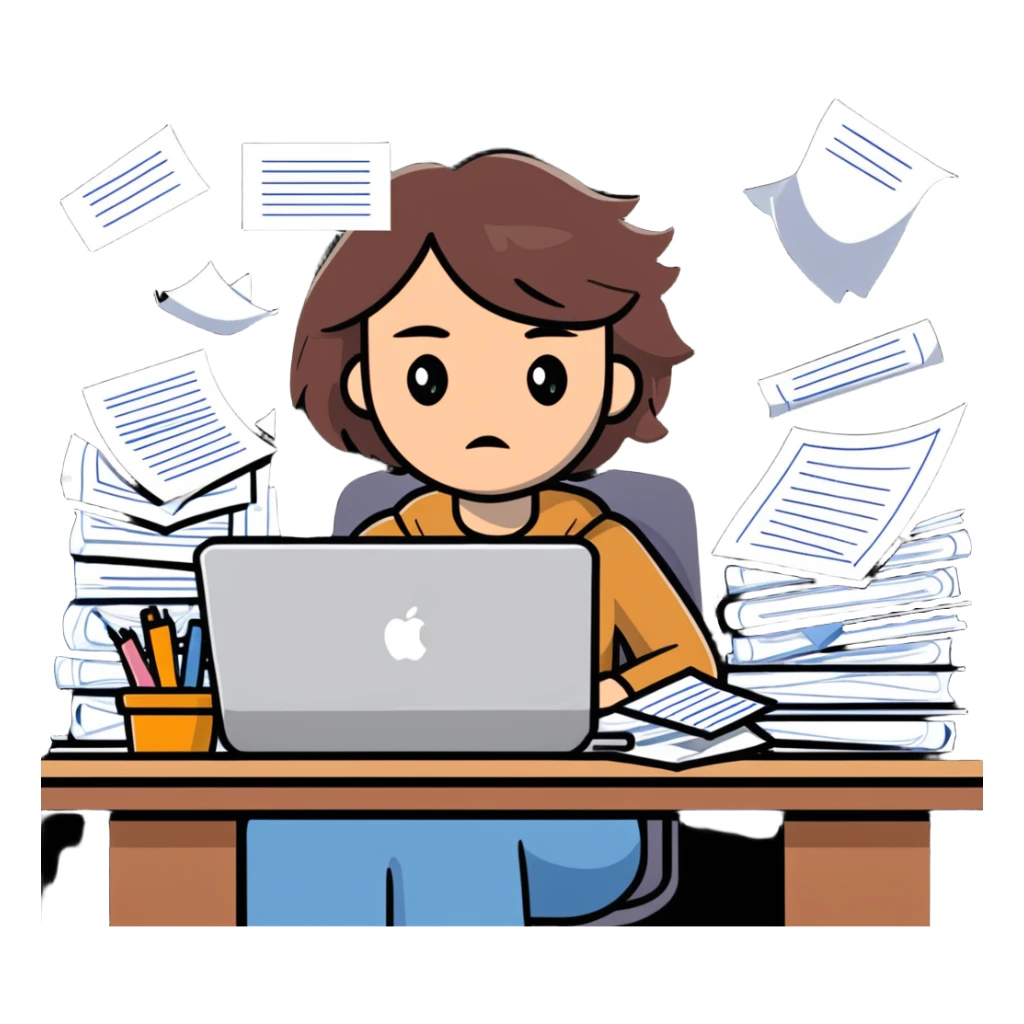 tired woman at a desk with a MacBook, surrounded by messy papers, emphasizing disorganization sticker