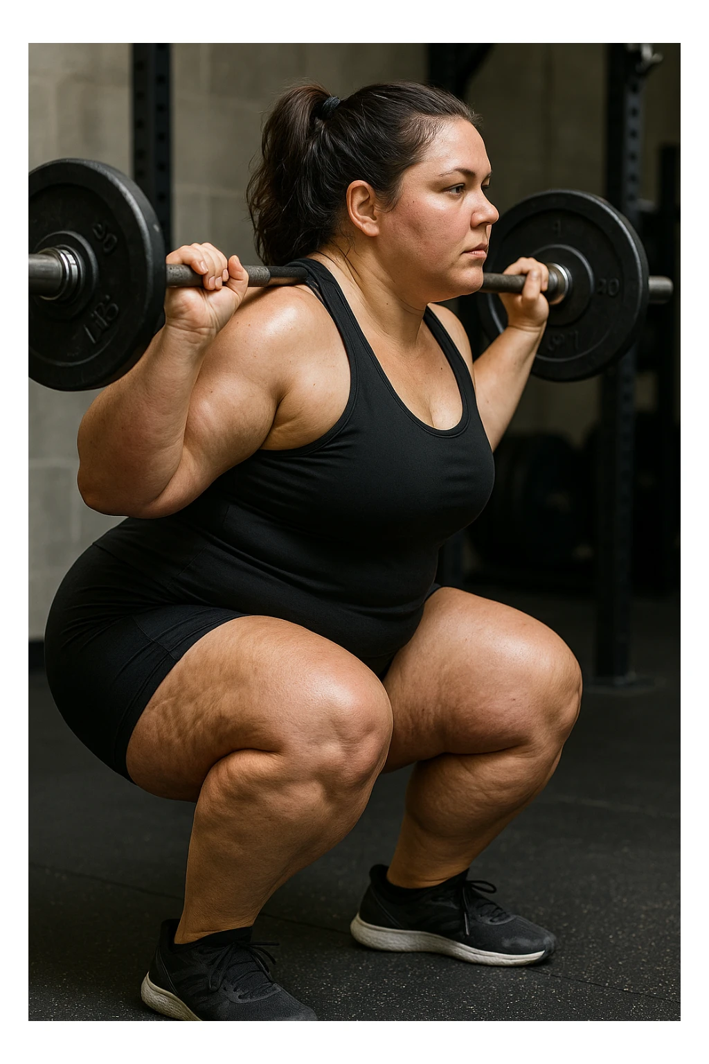 donna grassa con lipedema alle gambe che fa uno squat di profilo con bilanciere, IPERREALISTICA 4K sticker