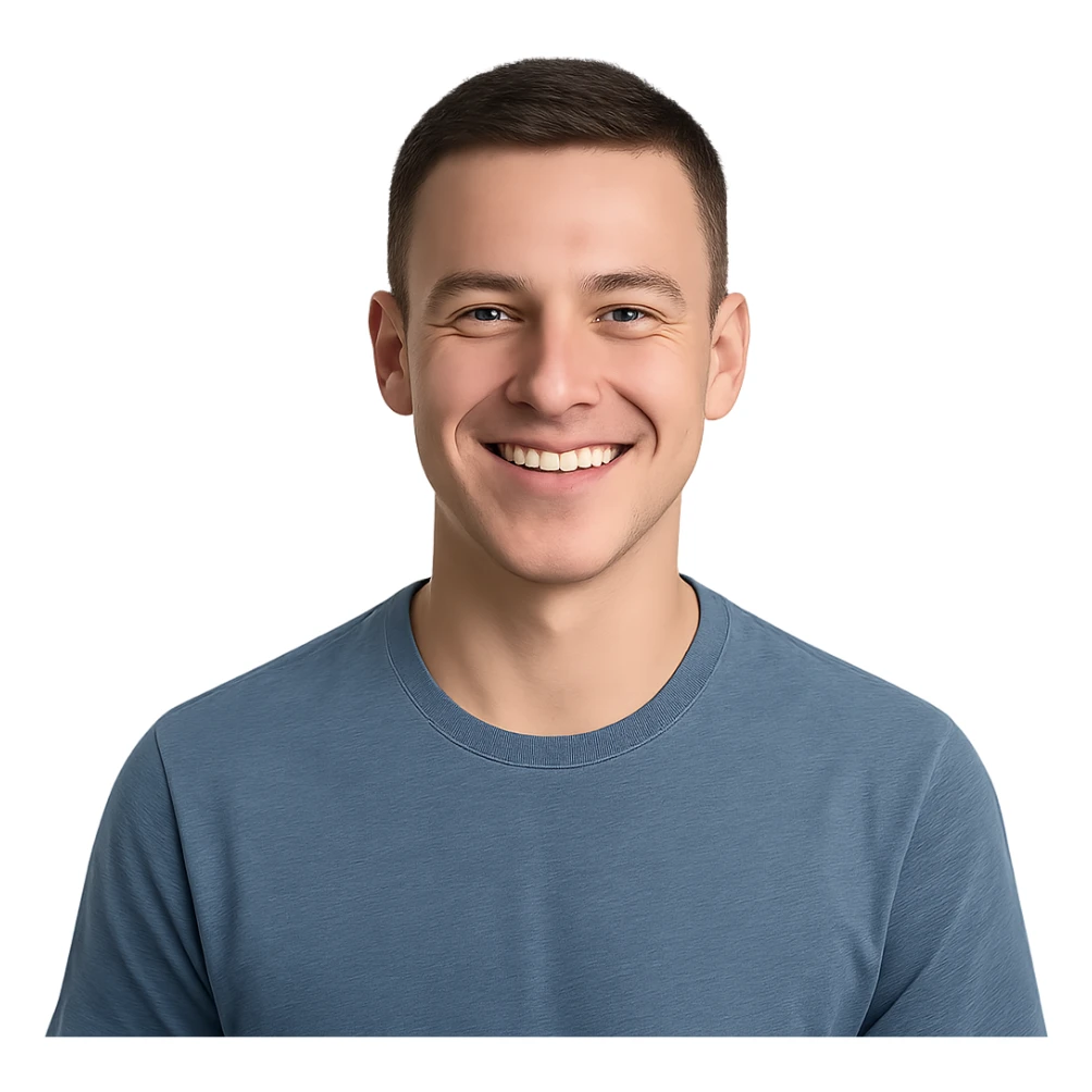 young man with short haircut, smiling sticker