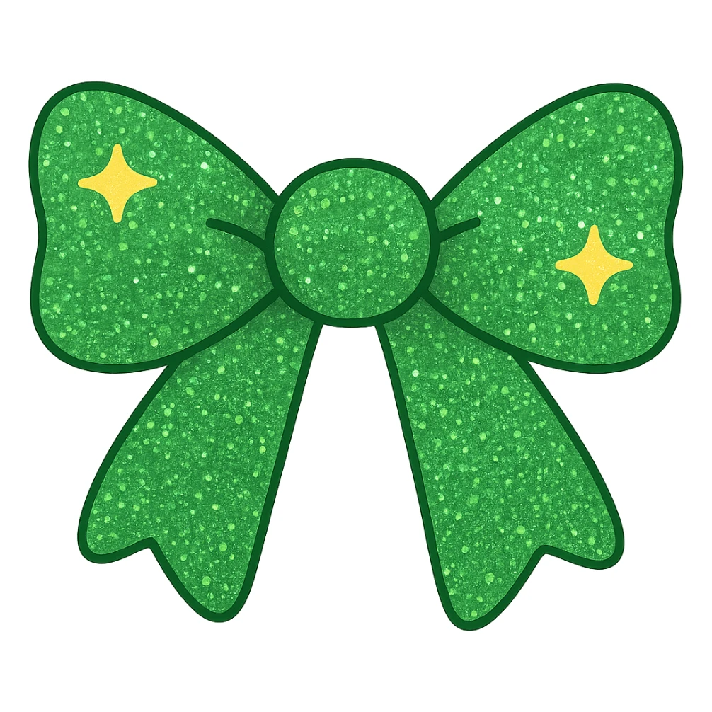 Make the sparkling bow green with glitter details, playful and stylish, no background. The style should be playful and stylish with detailed green glitter sparkle. sticker