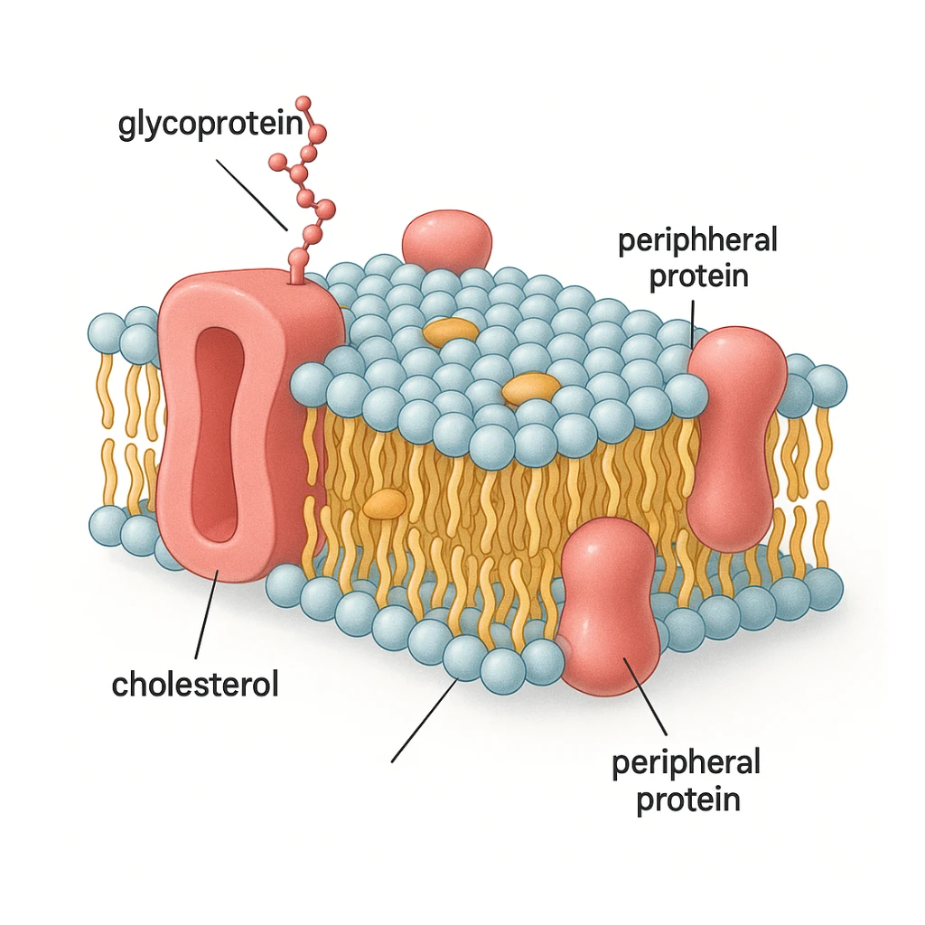 A highly detailed, scientifically accurate cross-section of a biological cell membrane (lipid bilayer) on a white background, ultra-realistic 3D illustration. Show the phospholipid bilayer with hydrophilic heads (round, polar) facing outward and hydrophobic tails (chains) inside. Include embedded proteins (integral and peripheral), cholesterol molecules (small, rigid), glycoproteins with sugar chains, and ion channels. The style should be clean, lab-textbook style, with subtle shadows and depth. Use a color scheme: light blue for hydrophilic heads, yellow for hydrophobic tails, red/pink for proteins, and orange for cholesterol. Microscope-like precision, no artistic stylization. Educational diagram of the Fluid Mosaic Model, cross-sectional view with labels for 'glycoprotein', 'cholesterol', and 'peripheral protein', vector graphic style. sticker