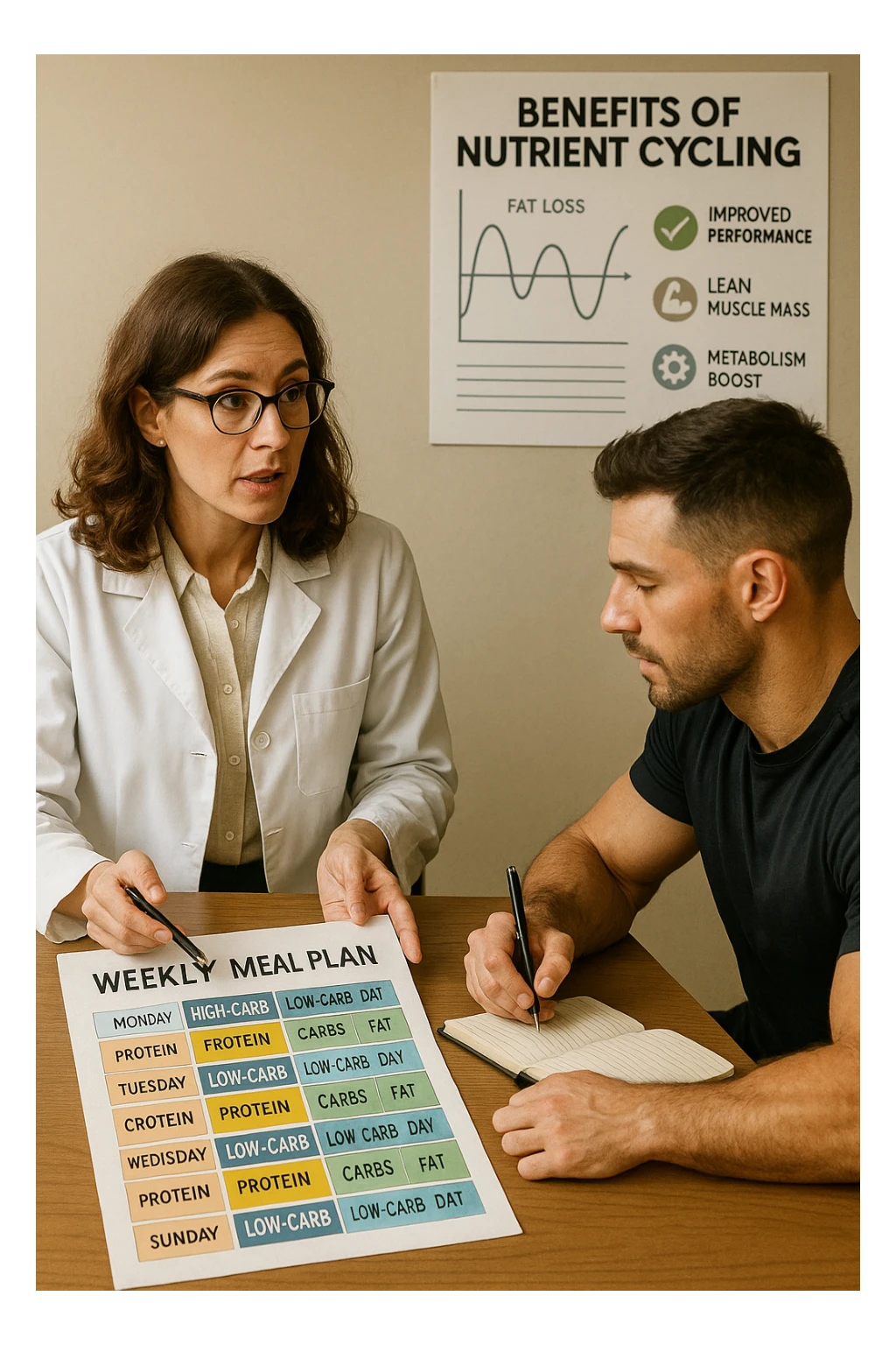 a nutritionist explains to an athlete how to cycle macronutrients for fat loss and training. On the desk, a weekly meal planner shows alternating high-carb and low-carb days, with color-coded sections for proteine, grassi, and carbo. The athlete takes notes, and a chart in the background illustrates the benefits of nutrient cycling. The mood is professional and educational. scritto in italiano sticker