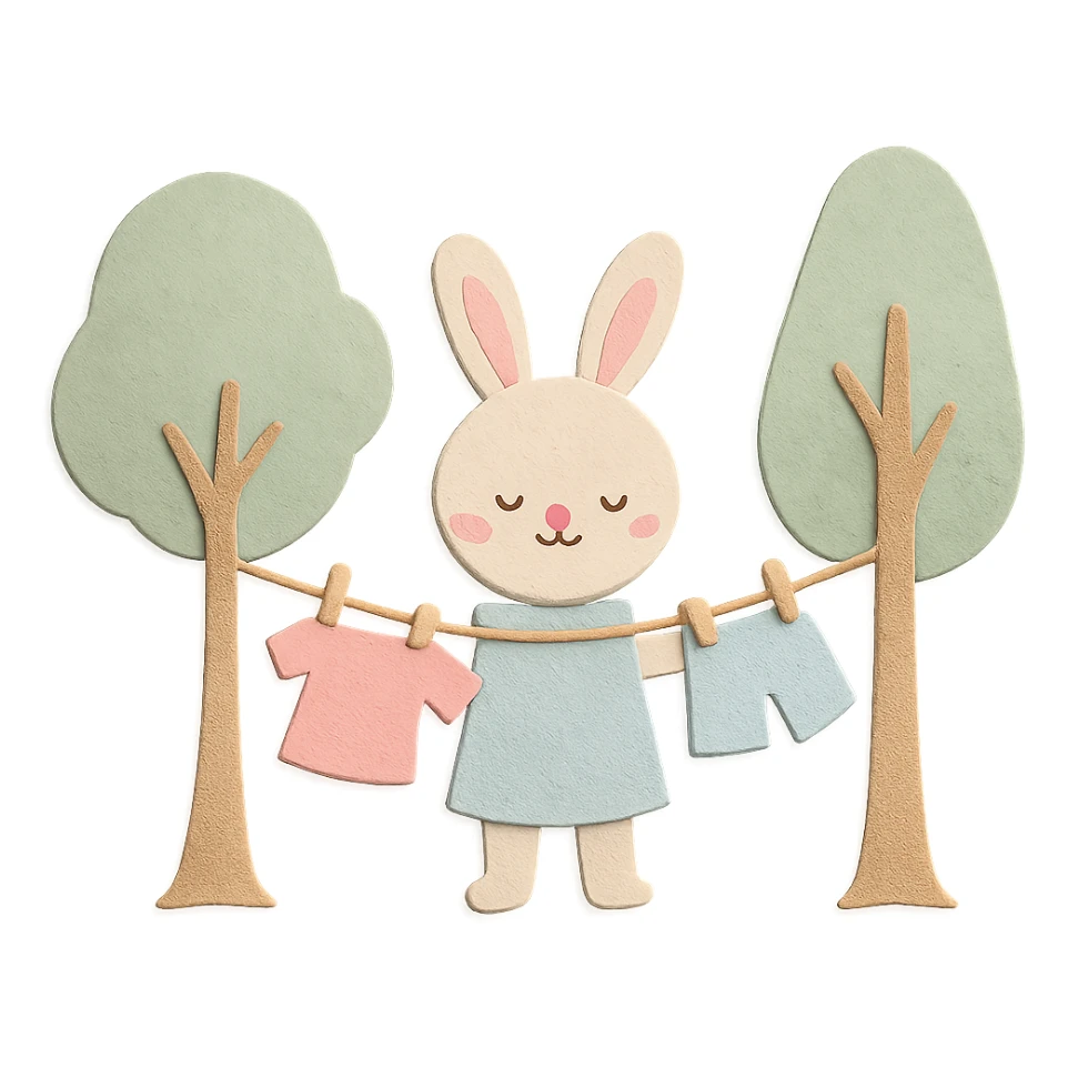 bunny hanging laundry between trees, calming domestic forest feel, soft pastel colors sticker