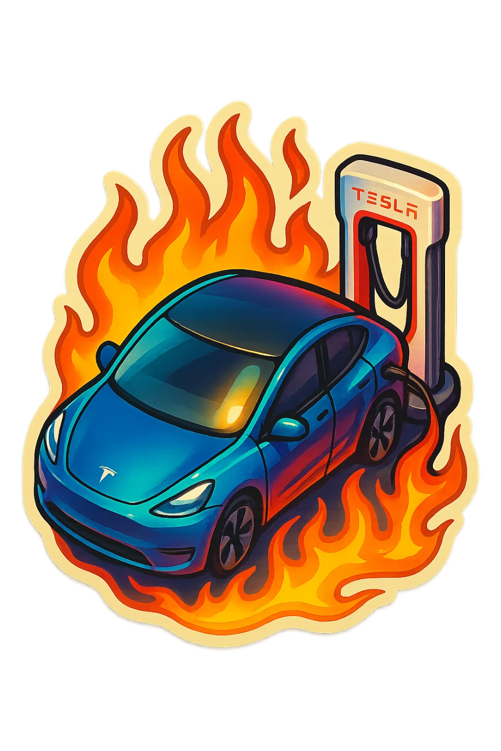 A Tesla Model Y parking at a supercharger, from above, with fire around sticker