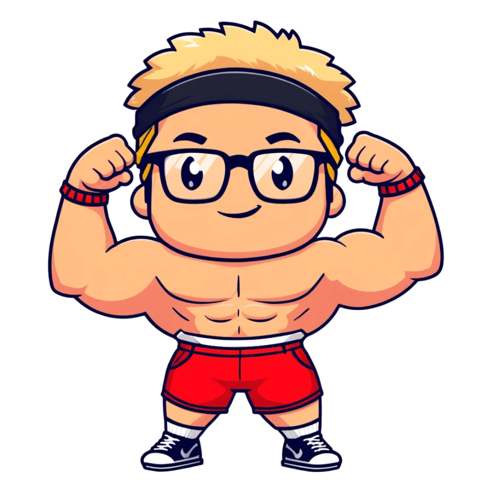 Regular man with black and white cap, bare torso, red shorts, clear glasses, messy light blond mullet hairstyle, smiling and flexing muscles sticker