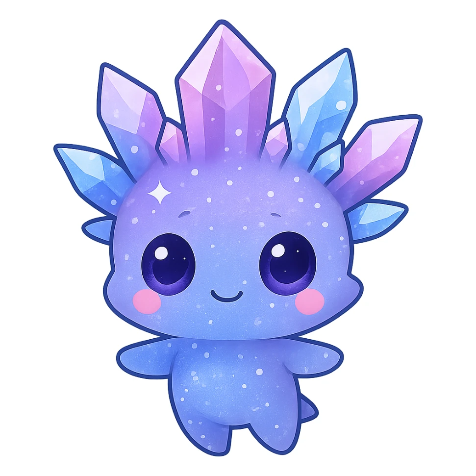Create a kawaii chibi crystal sprite creature floating, colored purple, blue, and pink. The creature should be cute and sparkly with a small body. Remove the background. sticker