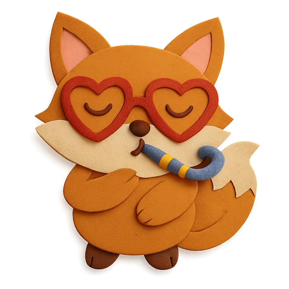 Add another hand to the baby fox, making the pose look natural and cute. Keep the heart glasses, party horn, and maintain the paper-craft style and color palette. sticker