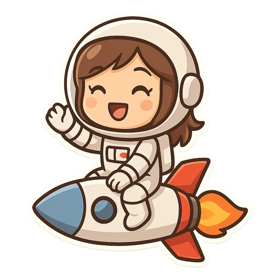 rocket emoji with a woman astronaut sitting on the rocket, cheerful expression, cartoon style sticker