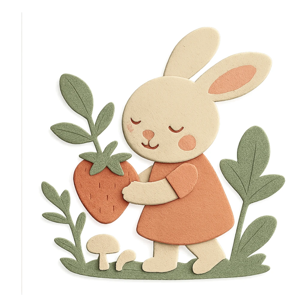 Keep the bunny picking strawberries in the woods with sweet pastel red and soft pastel colors in paper-craft style. Change the background to transparent while keeping all other design elements unchanged. sticker