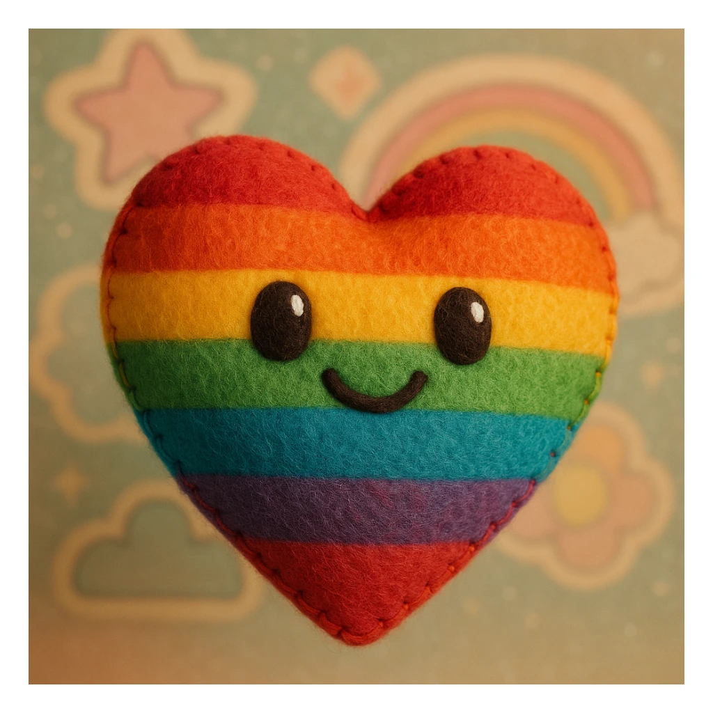 Create a rainbow pride heart combining plush portrait style and retro sticker style, using a pastel color palette with a subtle sparkle effect. No text. sticker