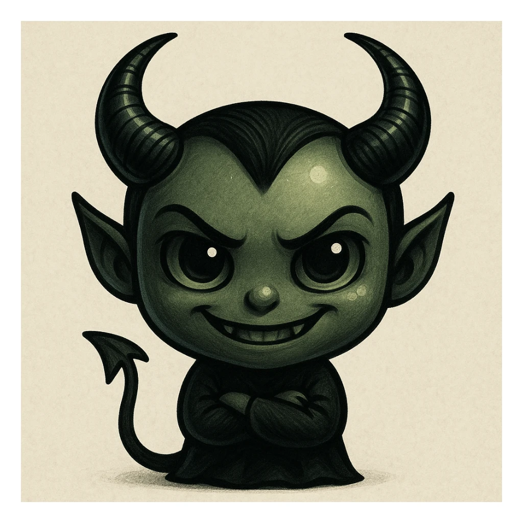 devil emoji in chibi style with gothic palette black and green, elegant horns, sinister smile sticker