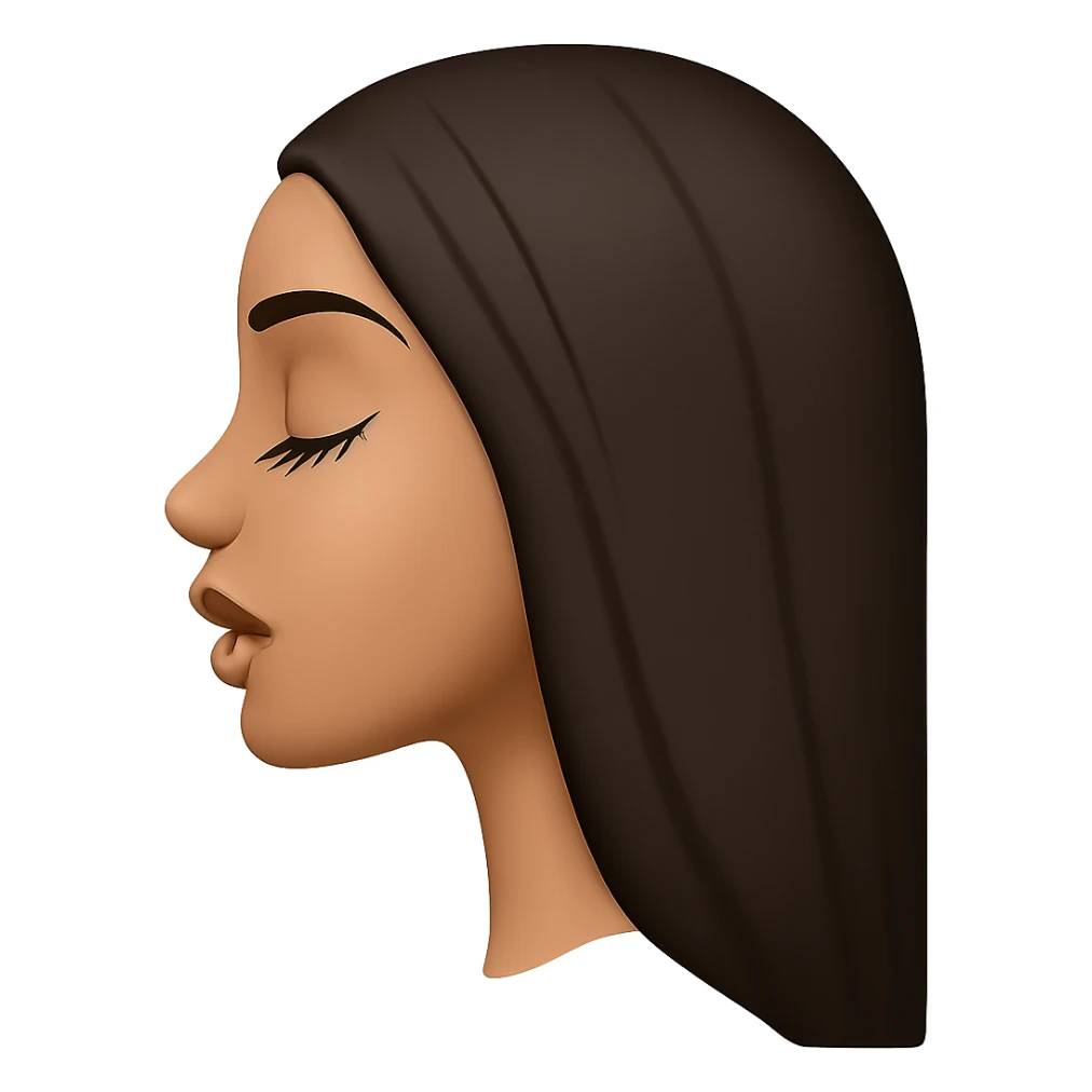 Create a side view (profile) of this woman's head in the normal iPhone emoji style, with closed eyes, long eyelashes, an open mouth, smooth shading, no outlines, long dark hair, and glossy lips with visible lip gloss. This is variant 1. sticker