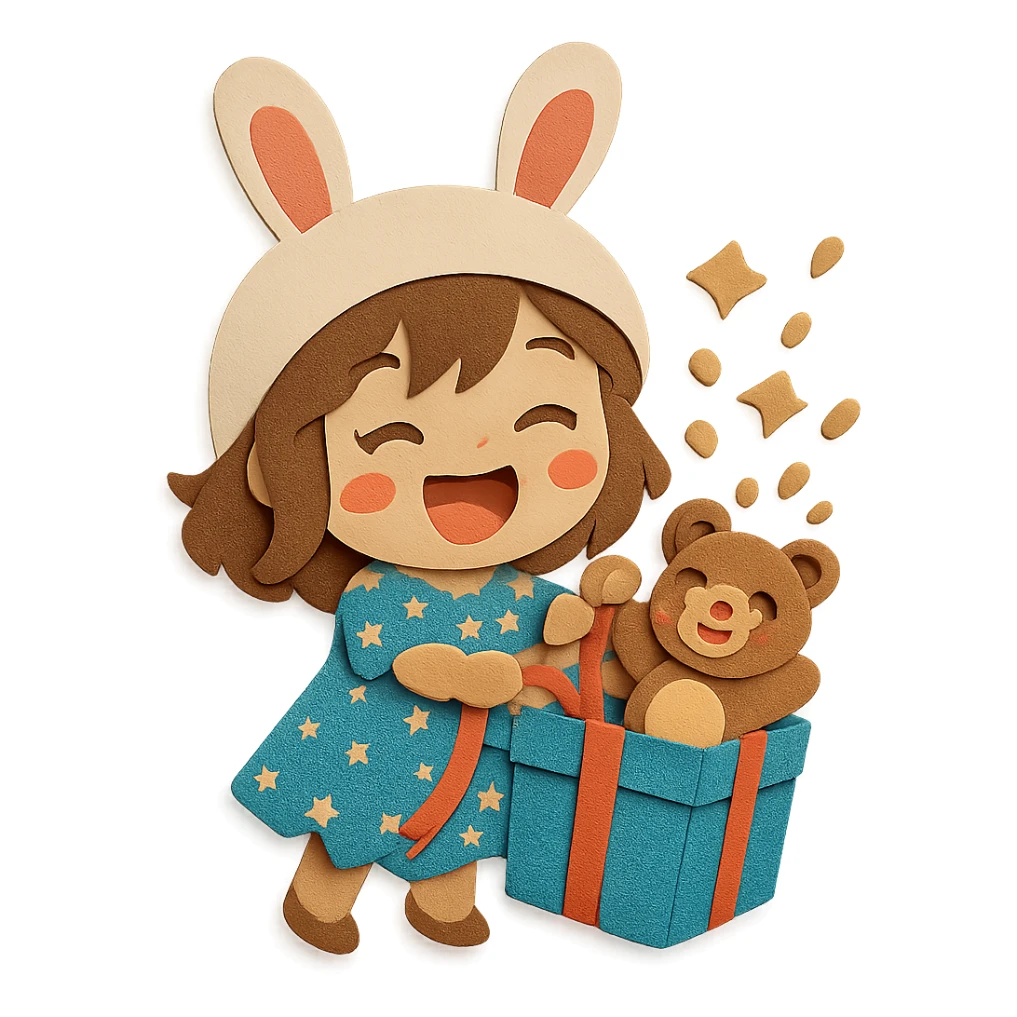 Change the girl's clothes to a beautiful design dress, keep all other elements the same (bunny hat, magical glitter gift box, laughing teddy bear, full body, clean and polished, no imperfections) sticker