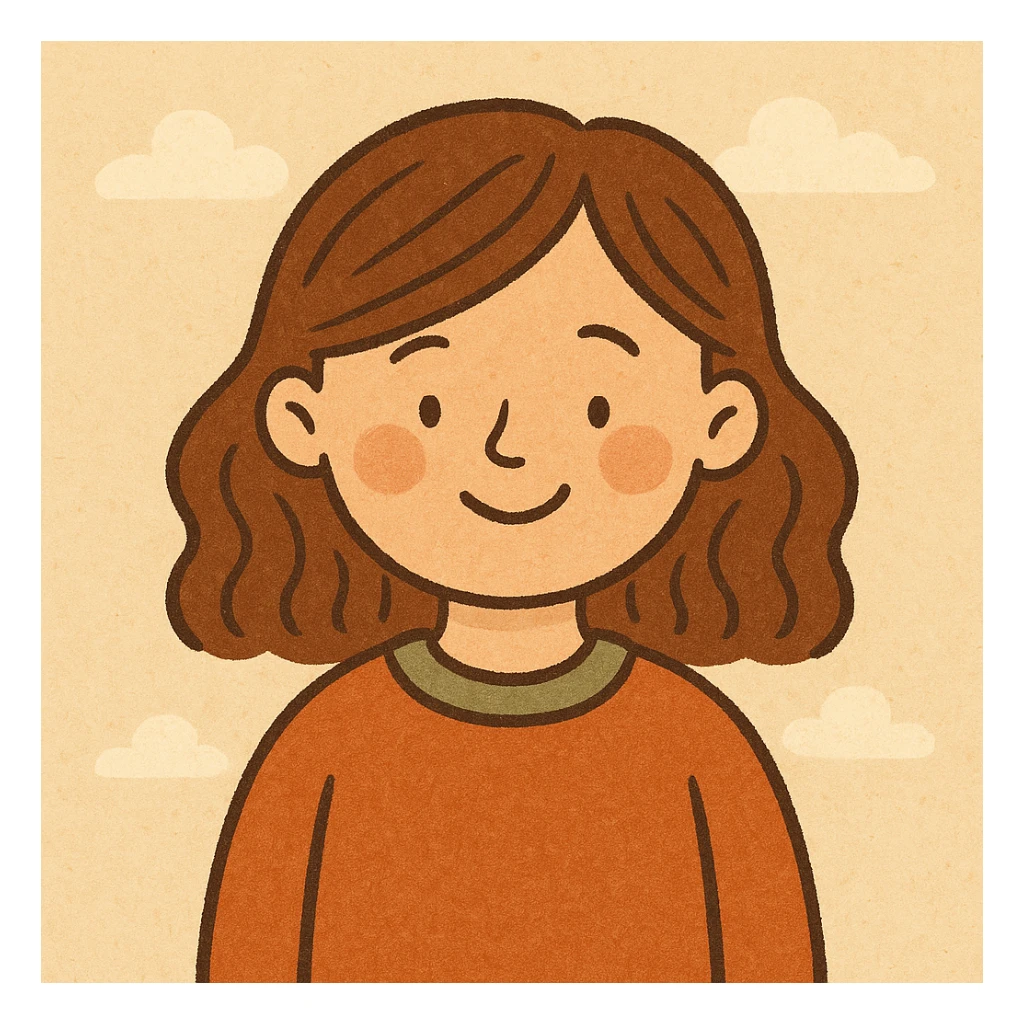 a girl with brown hair, friendly expression, simple background, flat warm colors style, modern illustration sticker