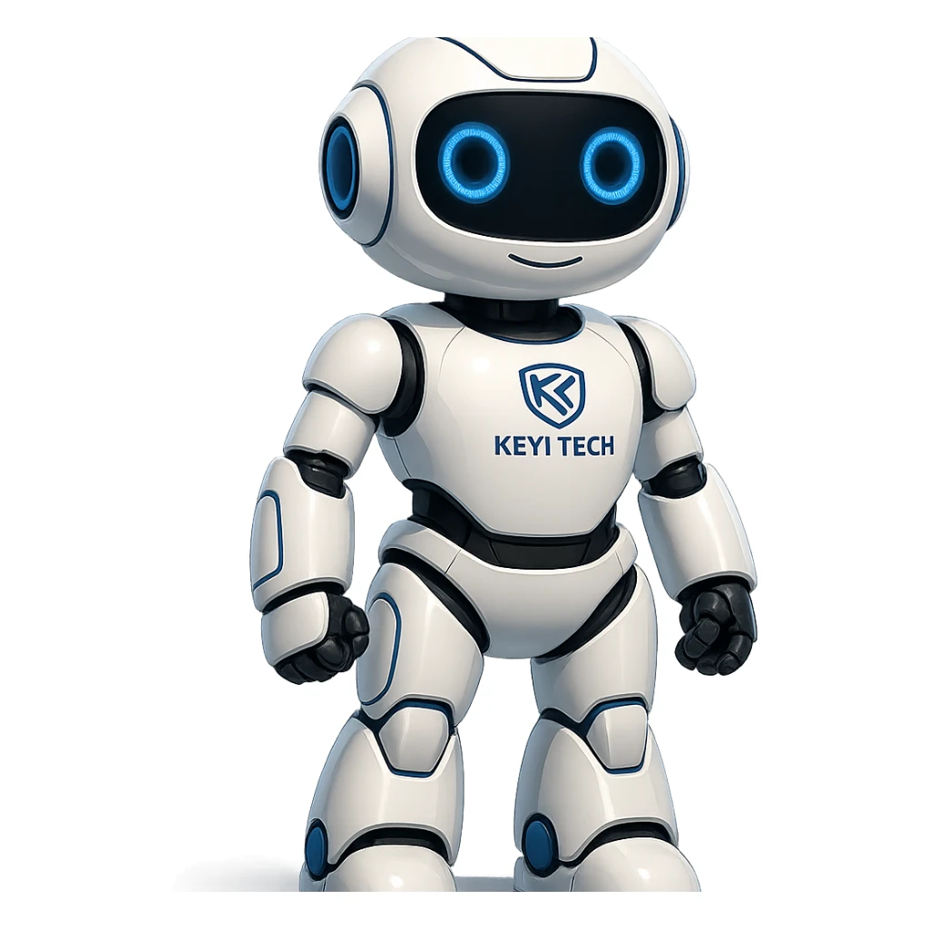 Lonna, the intelligent robot of Keyi Tech, standing confidently, shiny white shell, blue highlights, visible Keyi Tech emblem sticker