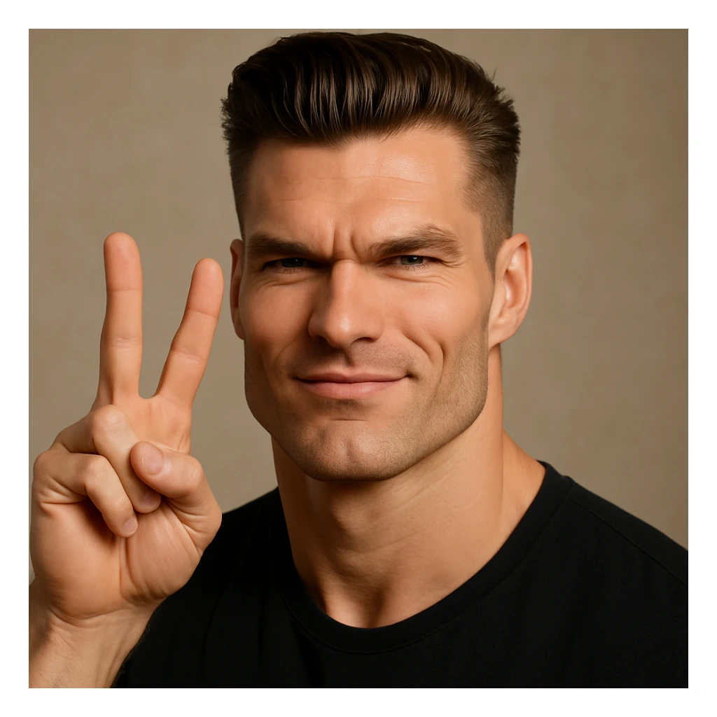 Transform the image into a giga chad style with a strong jawline and confident expression. Use only natural skin tones and realistic features, avoiding any gray colors or shades. Keep the look playful and cool without cartoonish exaggeration, aiming for a realistic appearance. sticker