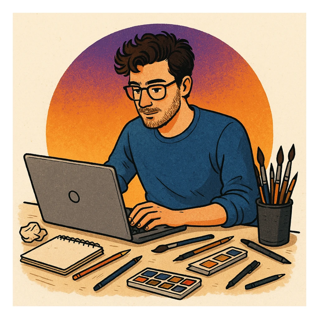 A creative man working on a laptop, art supplies scattered around, with an orange and purple circle gradient behind him. sticker