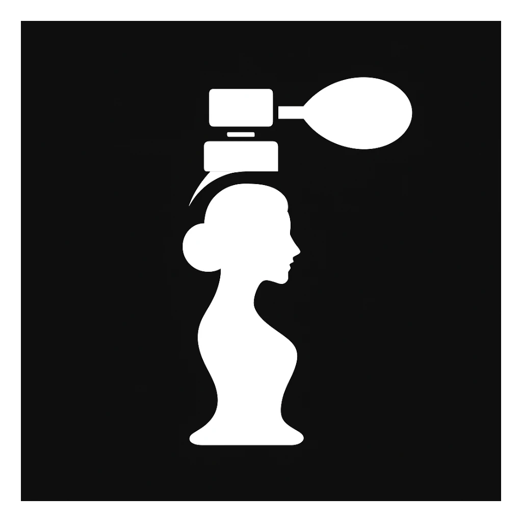 white Vector elegant icon of perfume woman shape, black solid background sticker