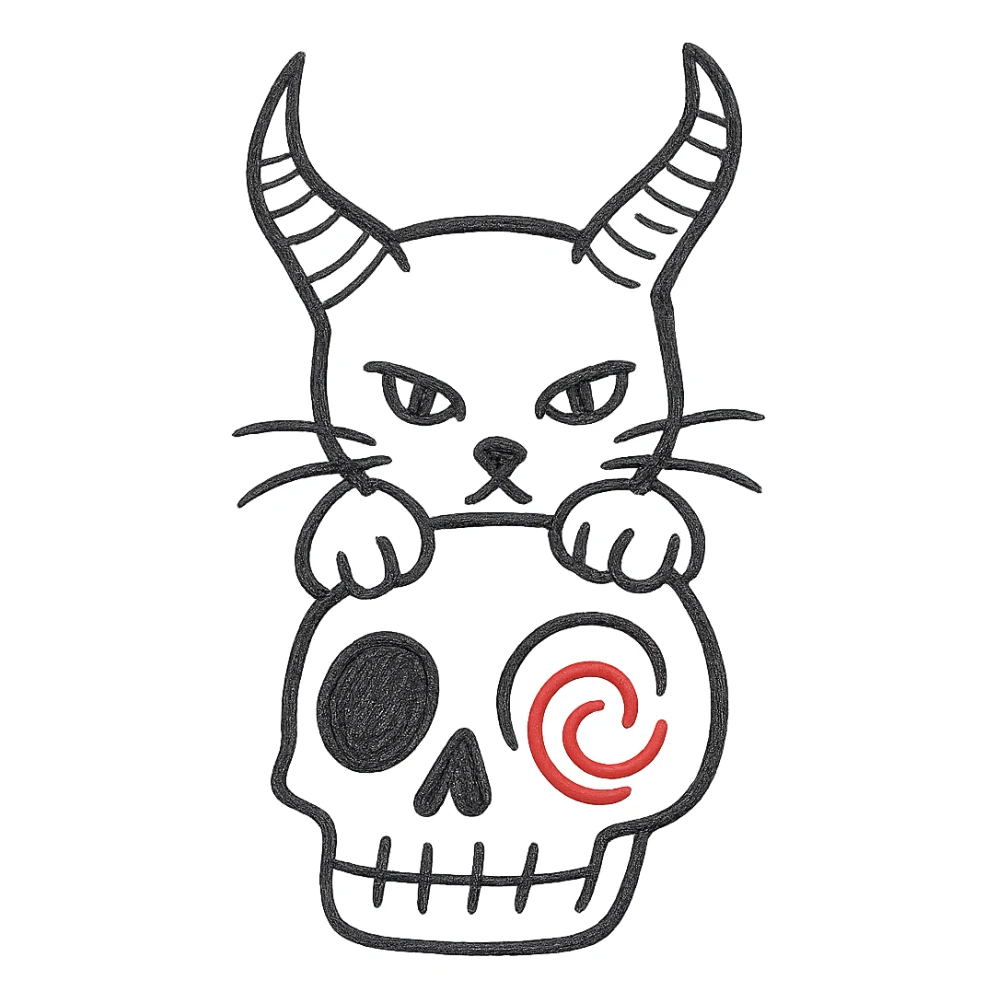 Add a black cat with large demon horns, front paws resting on the skull, hand drawn style with bold lines, no fill, preserve the red spiral on the cheek, transparent background. sticker