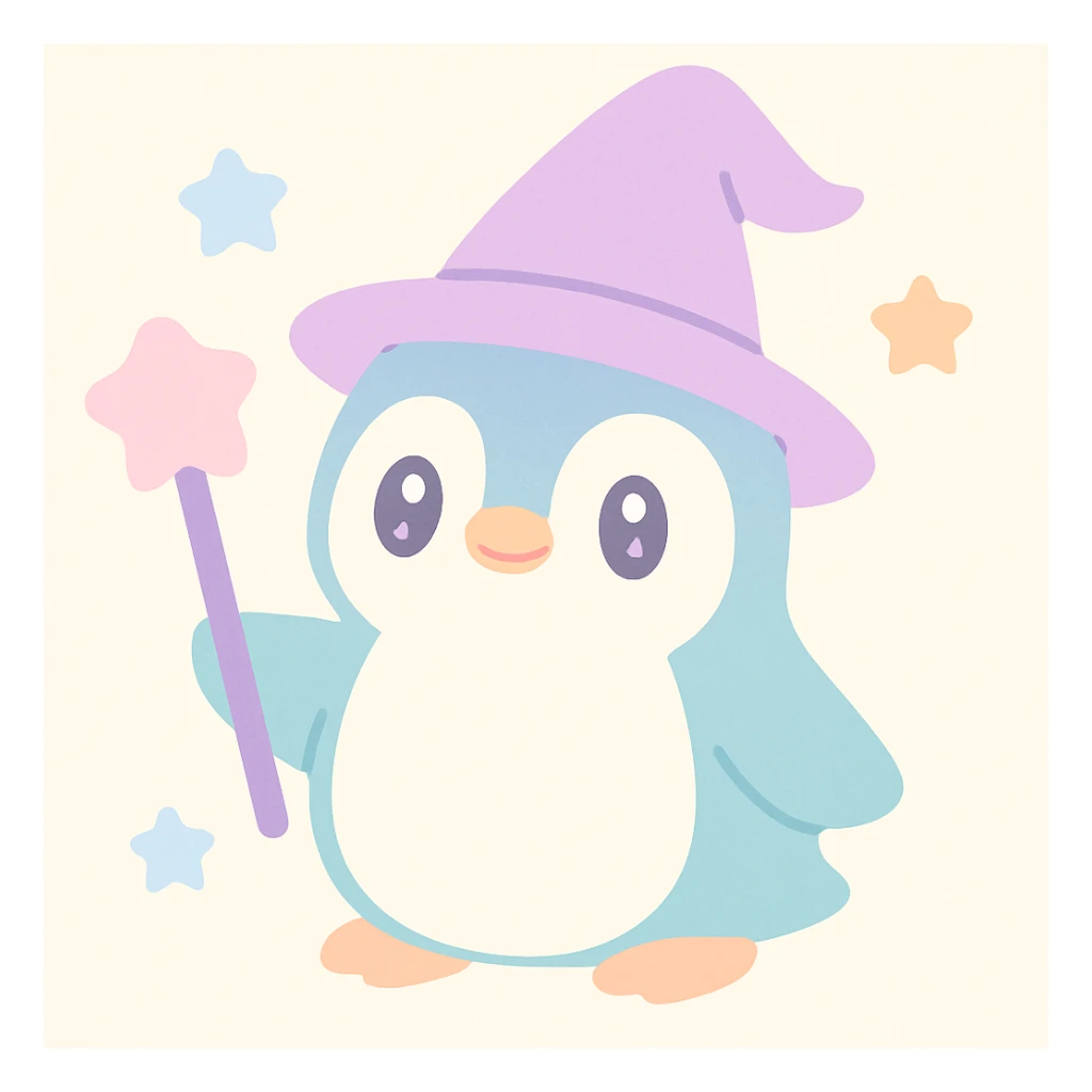 penguin wizard, magical staff, wearing a pointed hat, fantasy, vibrant colors, cute whimsical style sticker
