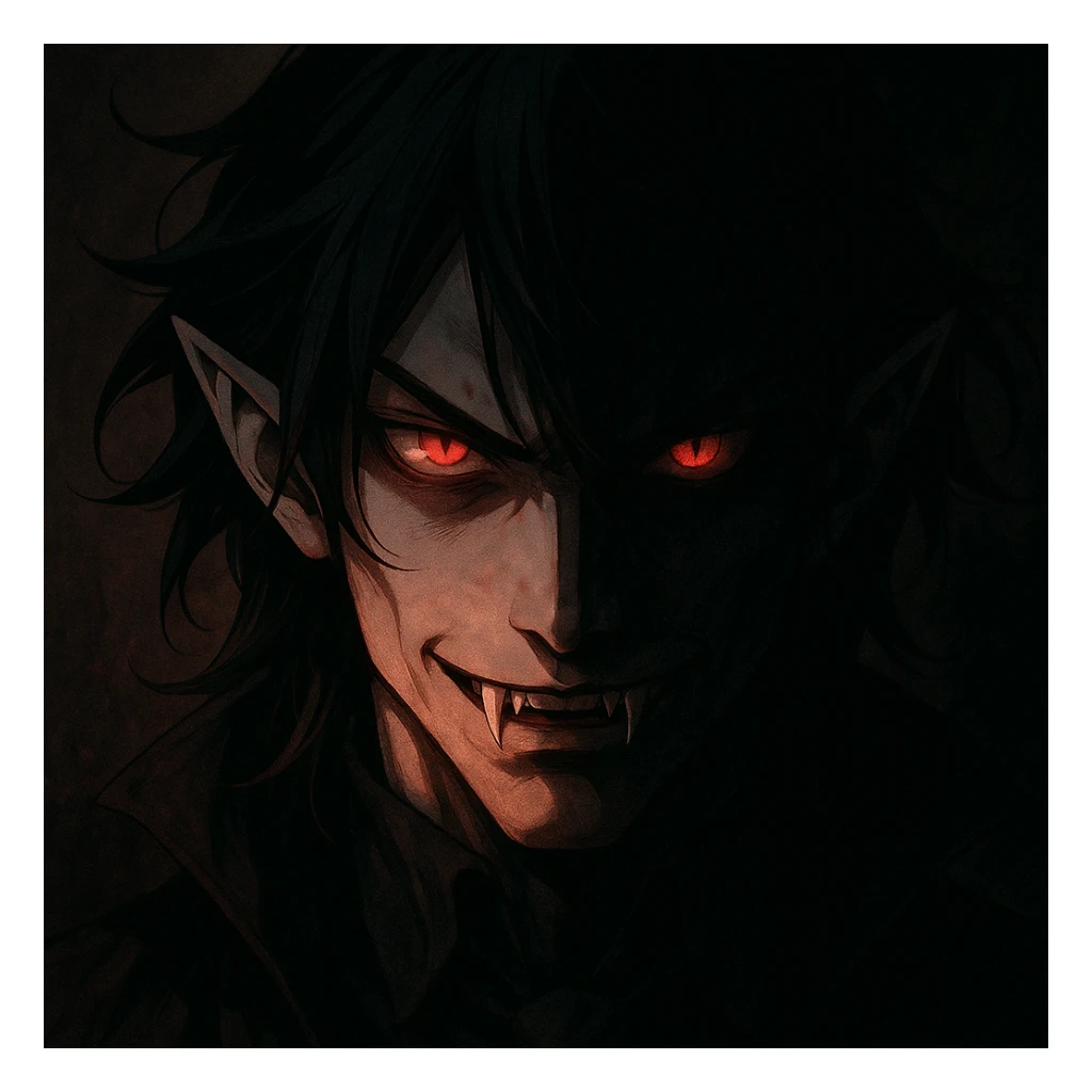 anime vampire face, glowing red eyes, half of face in darkness, sinister look sticker