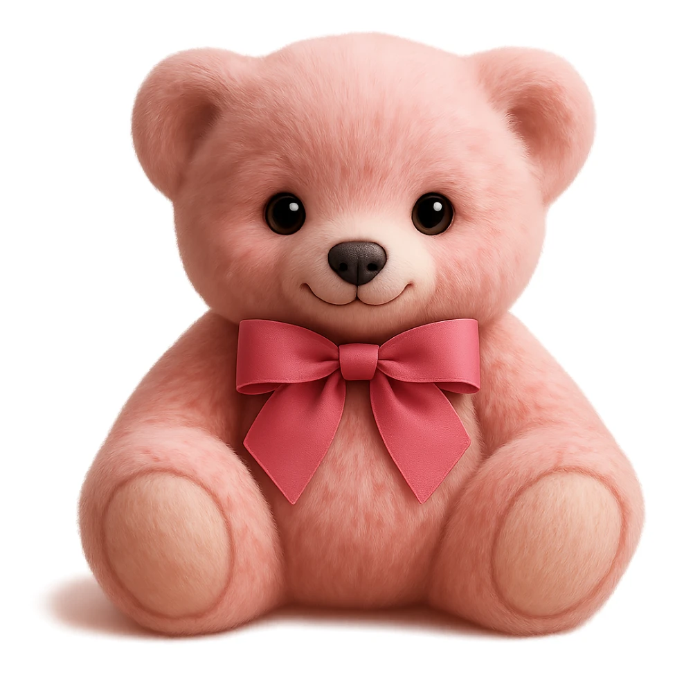 Make the teddy bear's fur a mix of realistic pink and white with soft lighting. Remove the background to make it transparent. sticker
