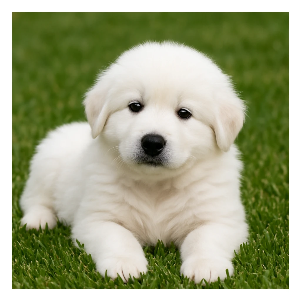 an adorable Great Pyrenees puppy lying on grass, pure white fluffy coat, dark eyes and nose, very young with a sweet innocent puppy face, relaxed position on a well-maintained lawn, the puppy is nodding sticker