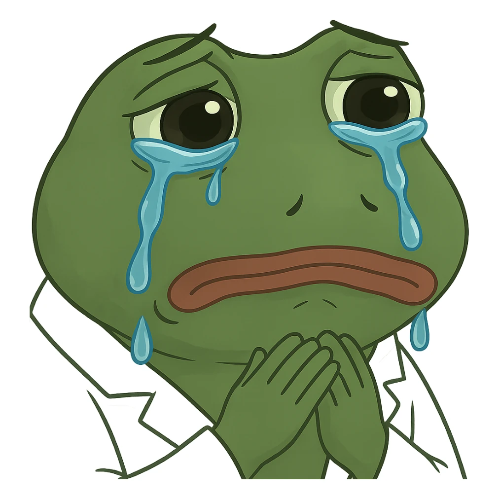 Add visible tears to the bufo frog doctor with a white coat, teary sad eyes, direct gaze, no background. Maintain the bufo frog style and emphasize the tears and sadness in the eyes clearly. sticker
