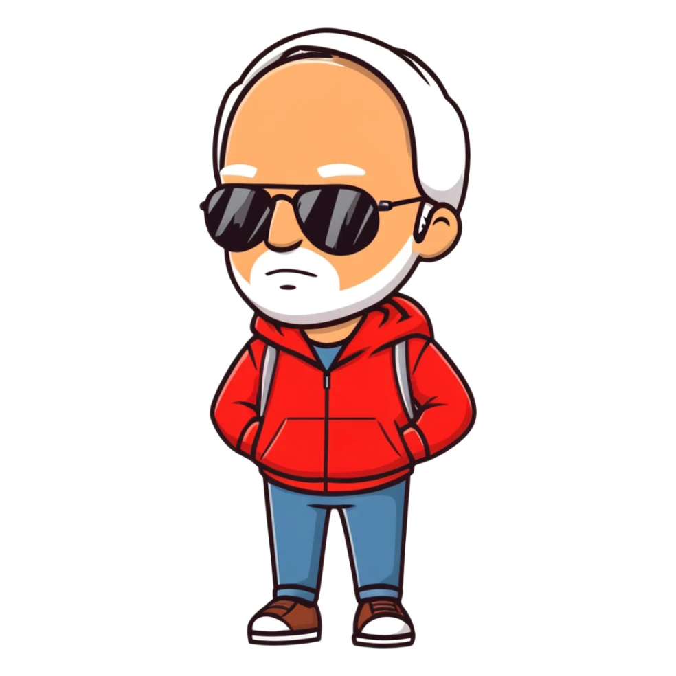 middle-aged 50-year-old man with slight wrinkles, aviator sunglasses, wearing a red hoodie sticker