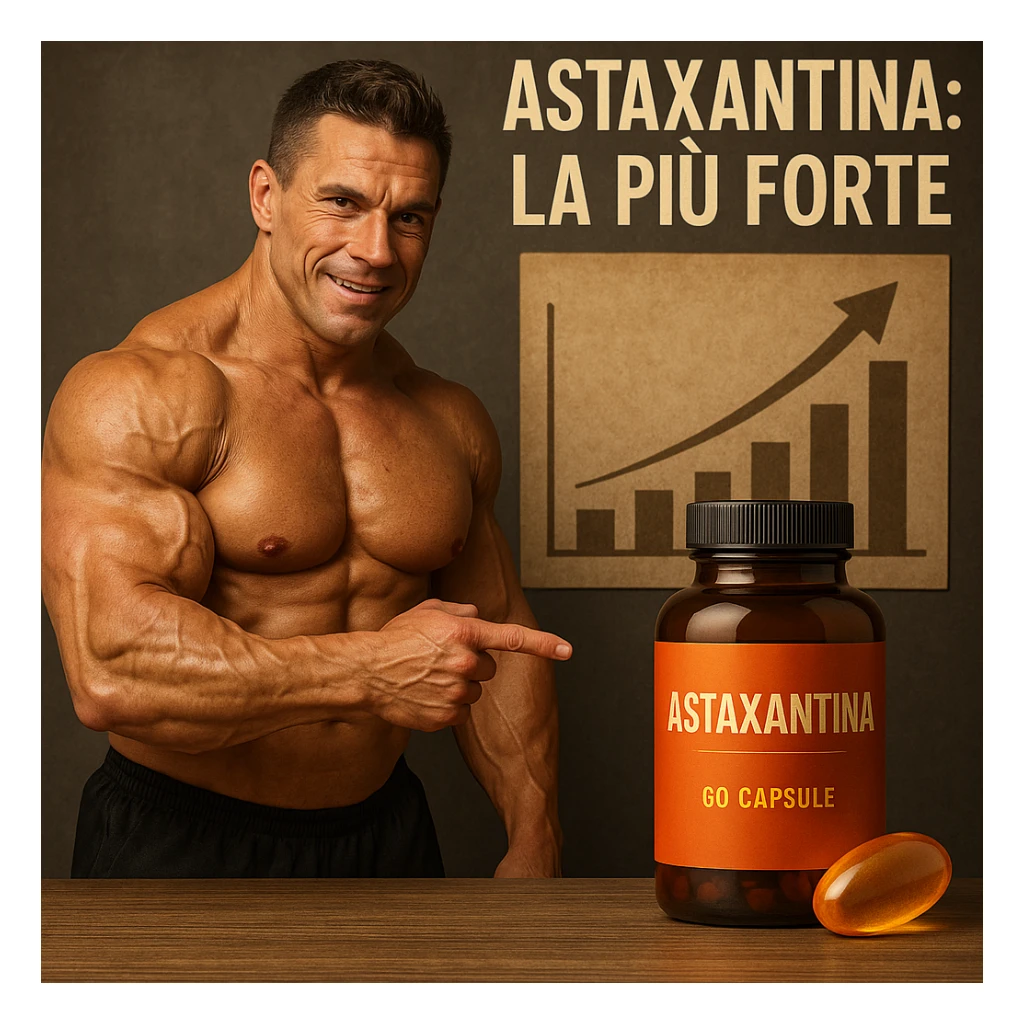 hyper realistic bodybuilder pointing at Astaxantina bottle in front of chart, sculpted muscles, orange and golden capsule next to it, text 'Astaxantina: la più forte', motivational atmosphere sticker