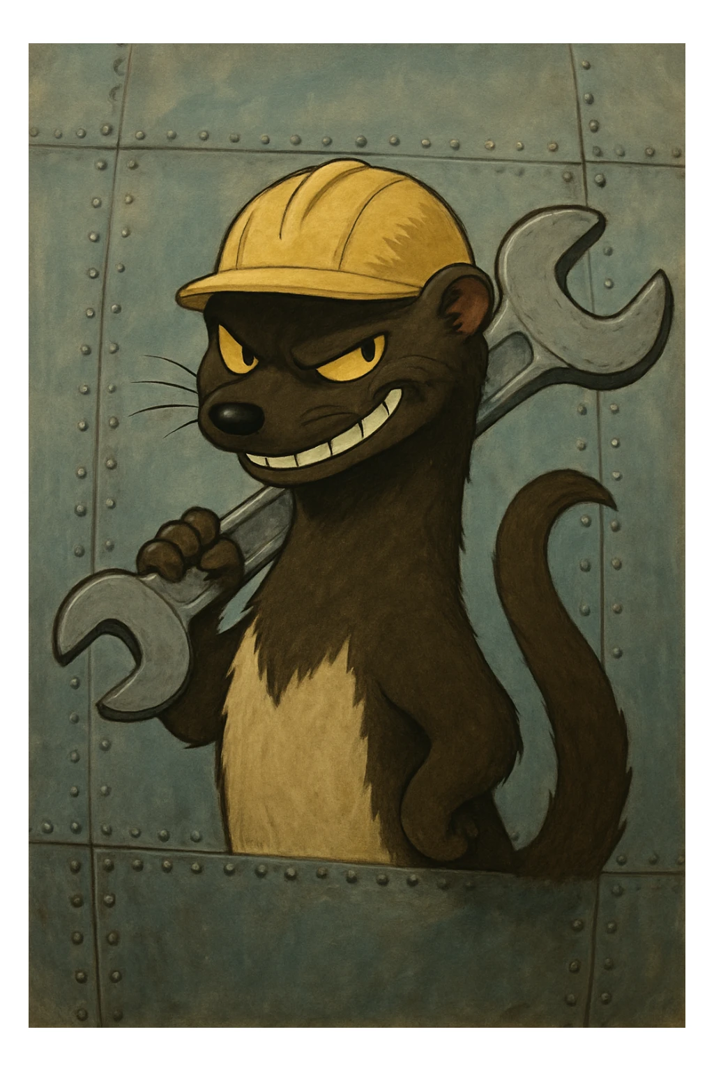 AN ANTHROPOMORPHIC WEASEL WITH A HARDHAT AND A LARGE SPANNER WRENCH - AIRPLANE FUSELAGE nose art 1940s era - he has a very VERY dark and mischevious look in his eye- grinning sticker
