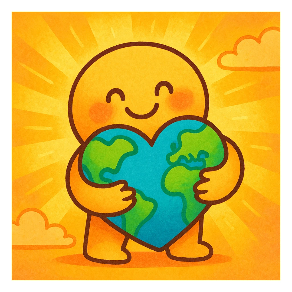 a cute figure hugging a heart-shaped globe, cheerful and warm, bright and joyful colors sticker