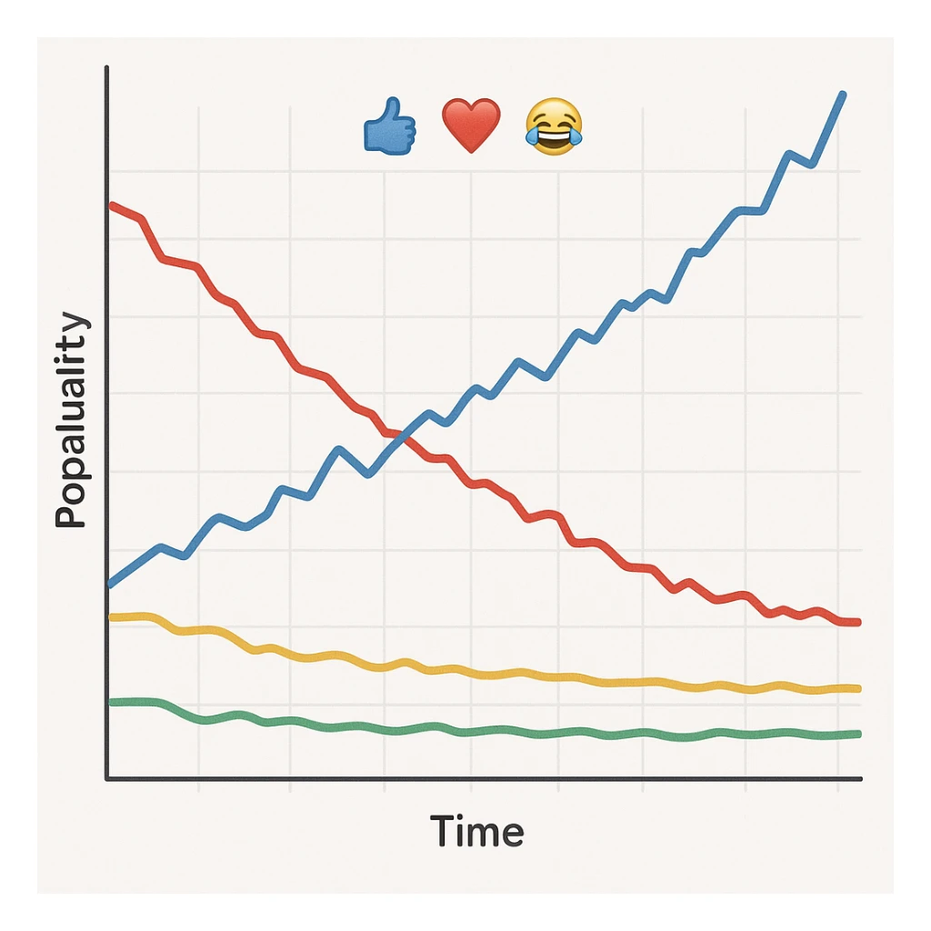 A line graph depicting the popularity of specific emojis. sticker