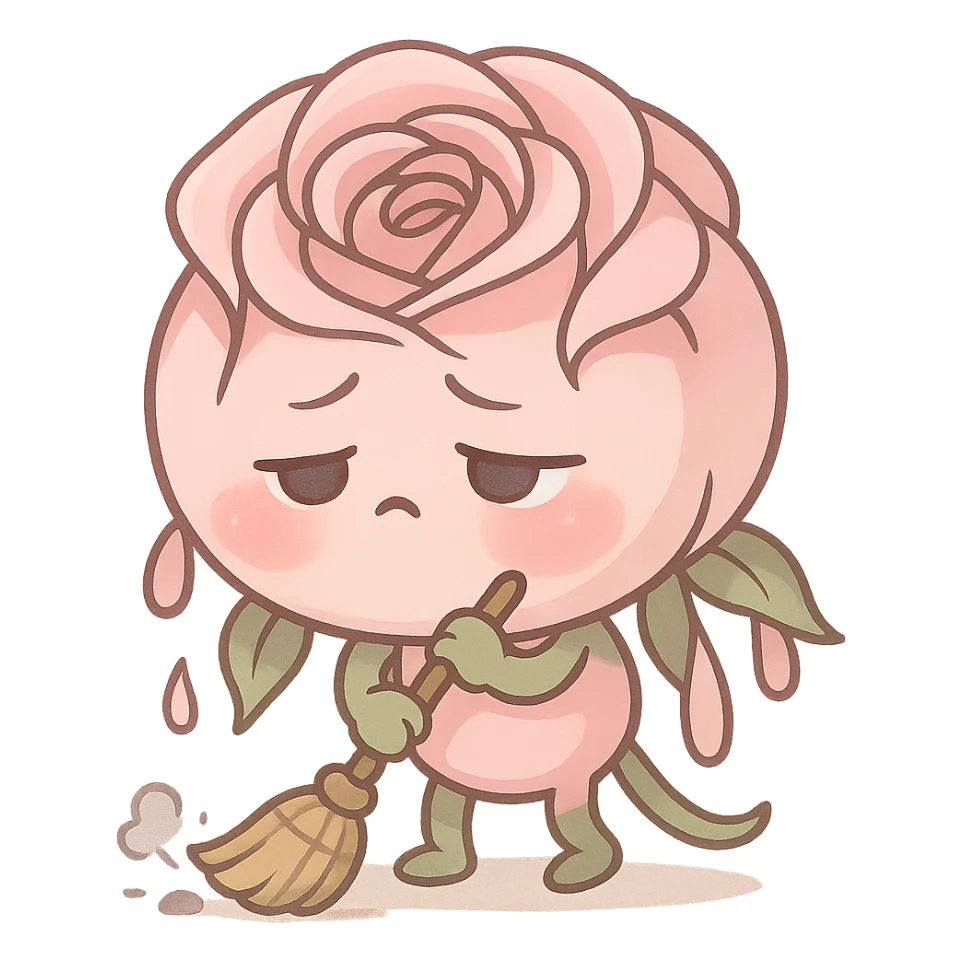 soft pink rose flower, chibi round shape, puffed cheeks, exhausted eyes, drooping petals, sweeping the floor, pastel tones, full-body sticker