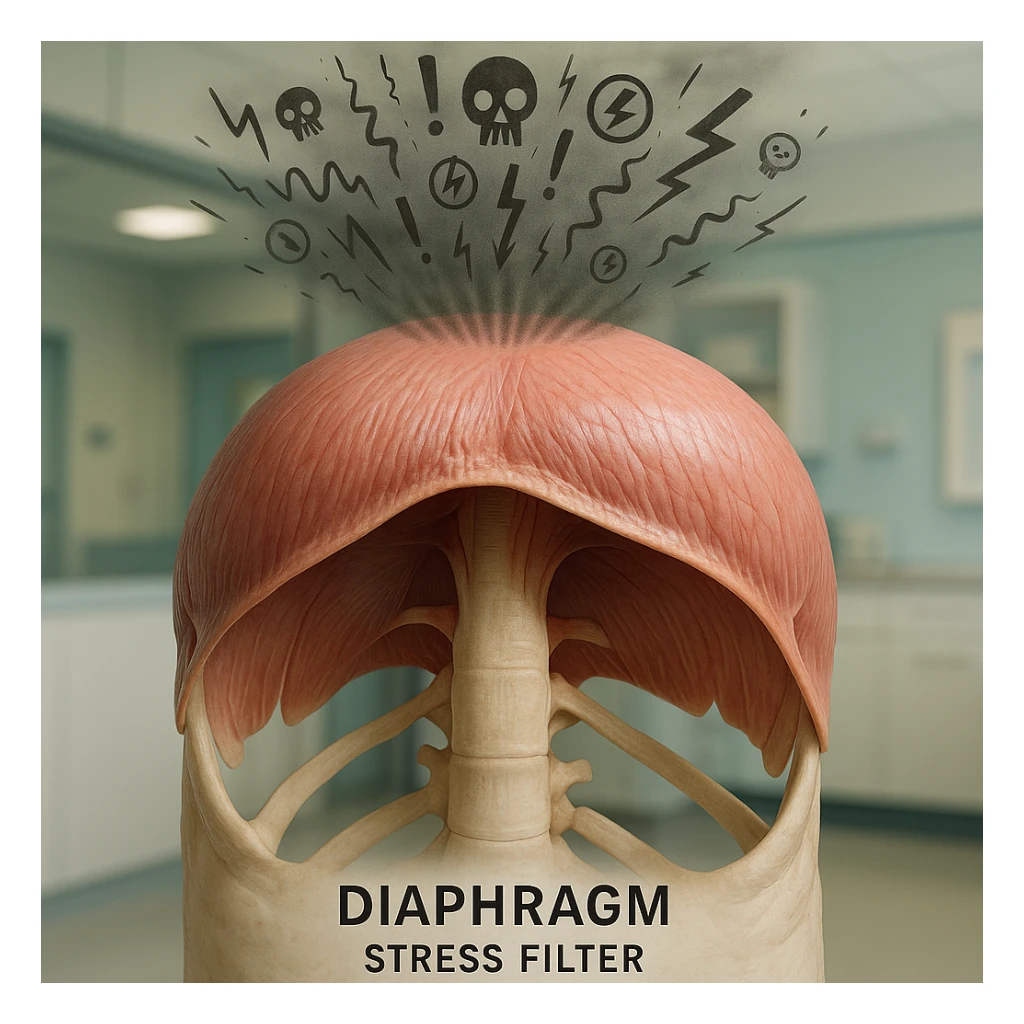 hyper realistic human diaphragm as a stress filter, anatomical details, diaphragm blocking or filtering stress waves or symbols coming from above, clinical atmosphere, natural colors, modern medical environment sticker