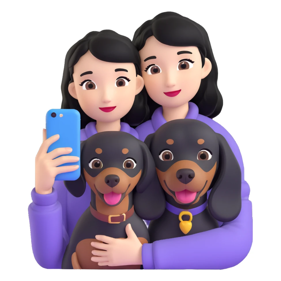 black hair asian girl taking selfie with black dachshund sticker