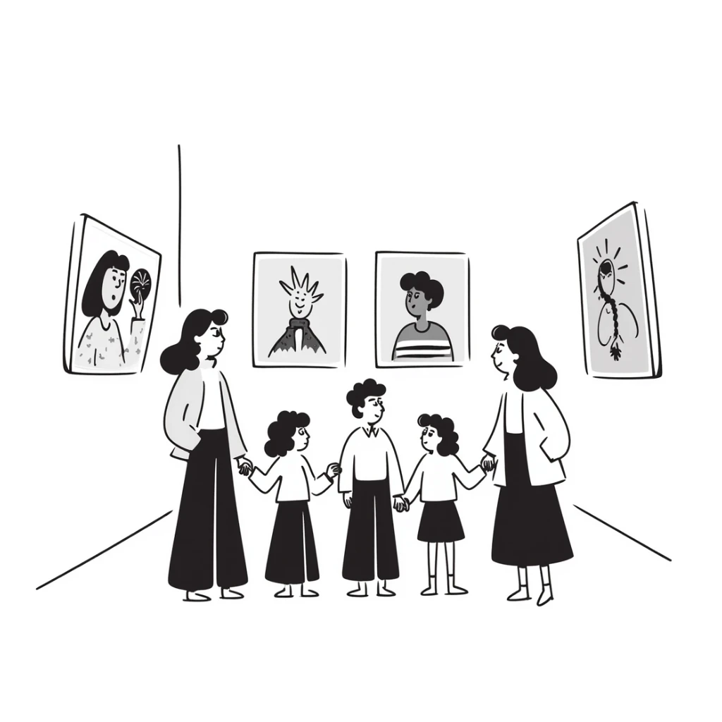 group of people standing looking at an art exhibit sticker