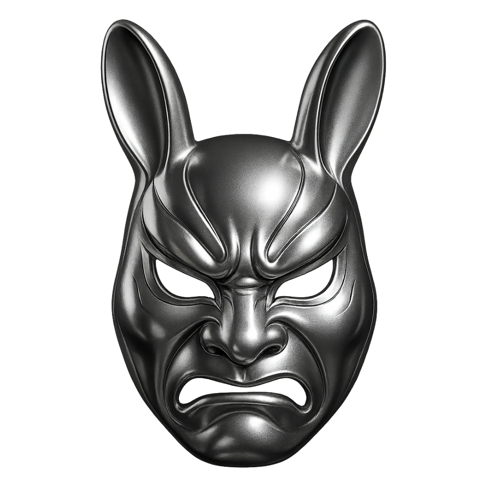 stylized usagi rabbit kabuki mask, red and white, angry expression, shiny chrome look sticker