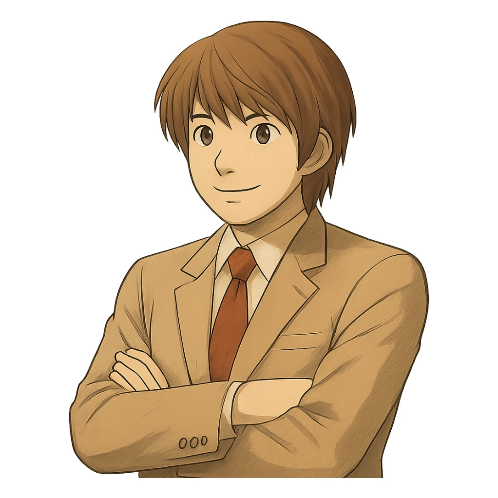 Fix the hands so both arms are naturally and realistically crossed, matching the exact Light Yagami Ghibli style. Keep the same suit and confident expression. Match the face, hair, and suit details exactly to the reference image. Transparent background. sticker