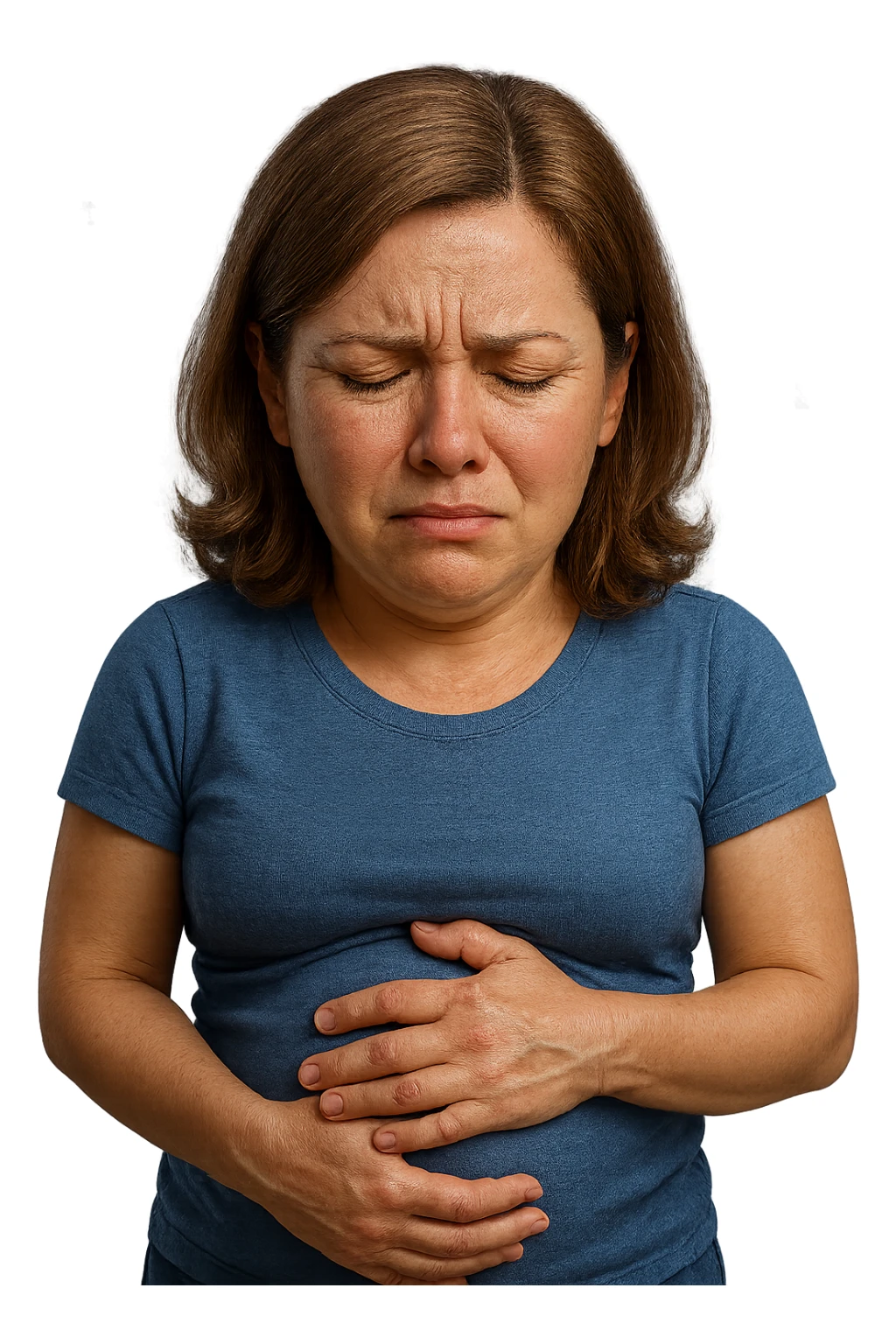 emoji stile iphone di donna con mal di pancia e pancia gonfia, iperrealistico 4k sticker